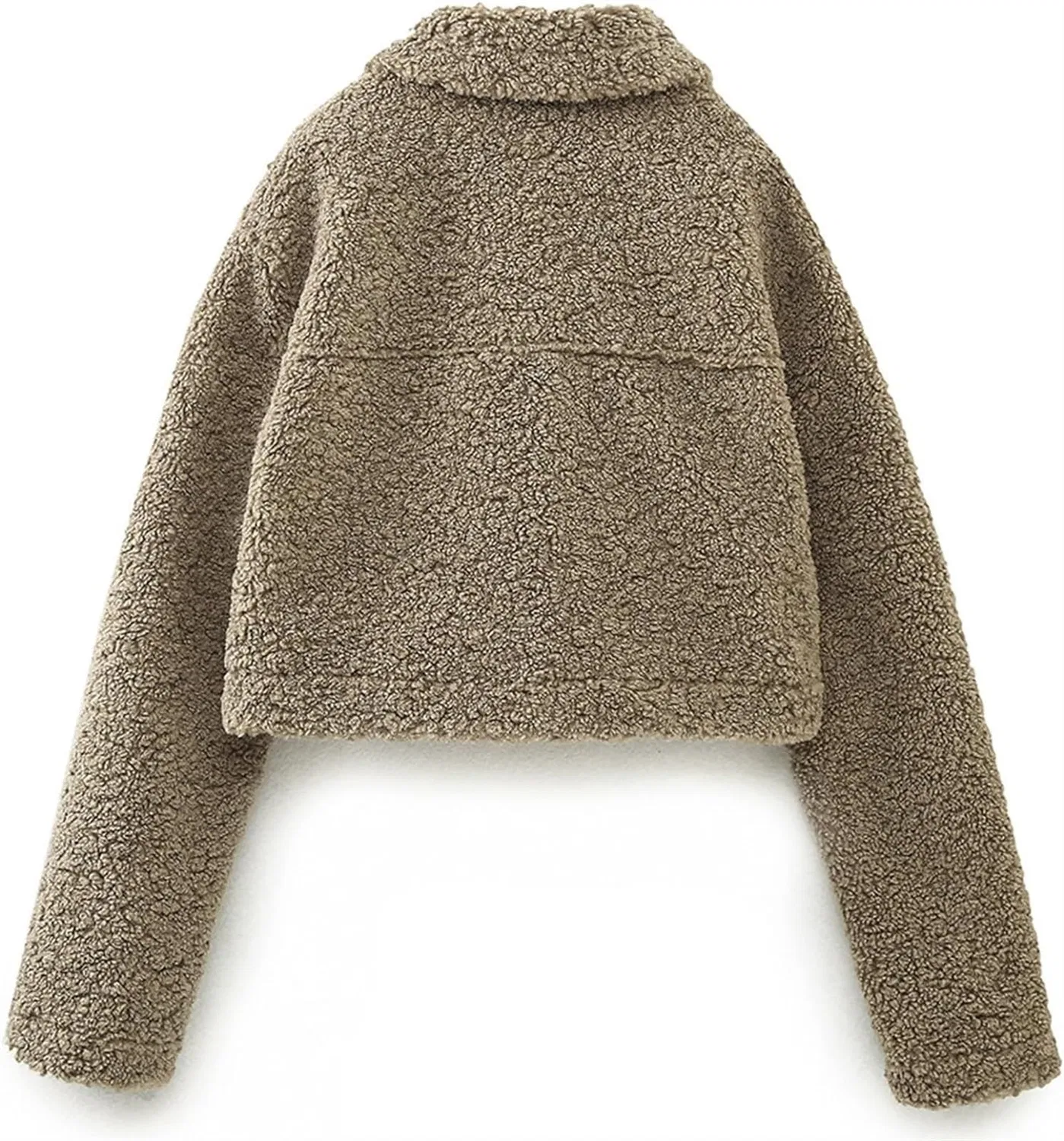 Женское зимнее пальто из флиса с длинным рукавом, модель Crop Top Fleece Winter Teddy Coats, Khaki — фото 4