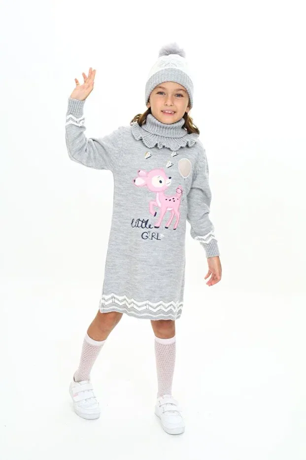 Детский комплект для девочек с принтом 3-Piece set with balloon gazelle patterned beret and scarf on the girl's dress tail Sevimli, Gri — фото 4