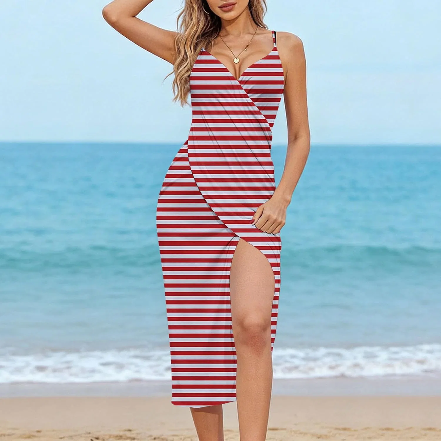 Женское пляжное платье-парео с цветочным принтом, Striped, Red — фото 2