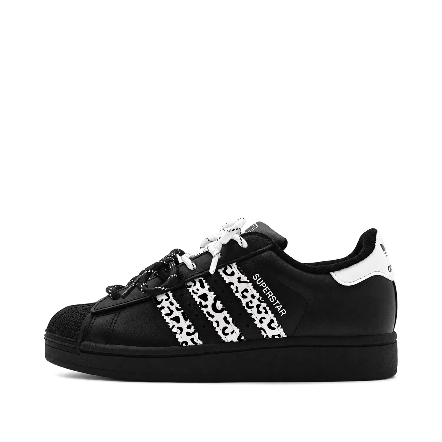 Детские кастомные кеды для скейтбординга с леопардовым принтом, Superstar 2, Adidas Originals, Black White Leopard Print — фото 3