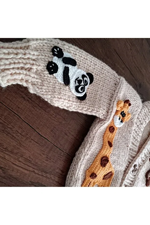 Детский кардиган с длинным рукавом Hand Knitted Forest Animals Figured Baby Kids Cardigan El Örgüsü, Beige — фото 3