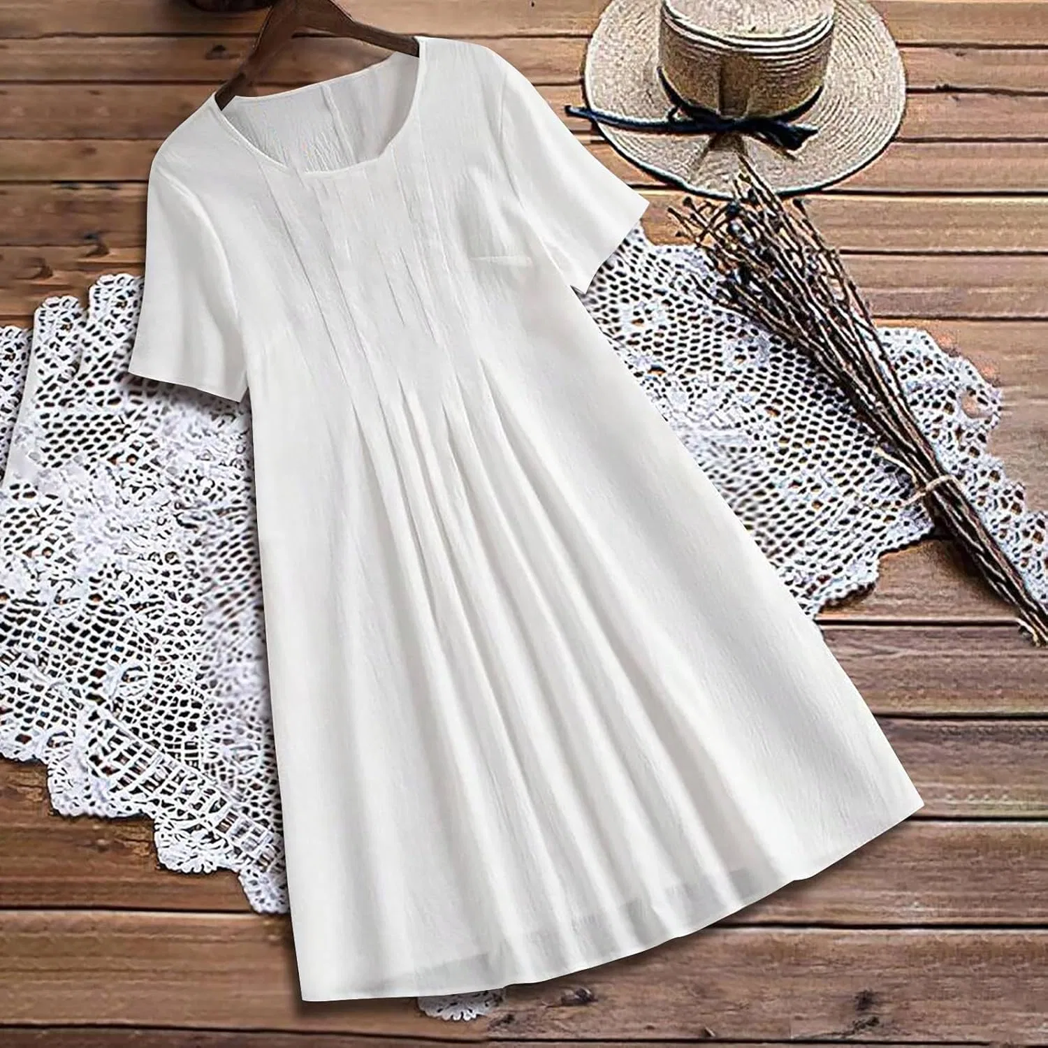 Женское повседневное платье-футболка с плиссировкой Cotton Linen, White — фото 3