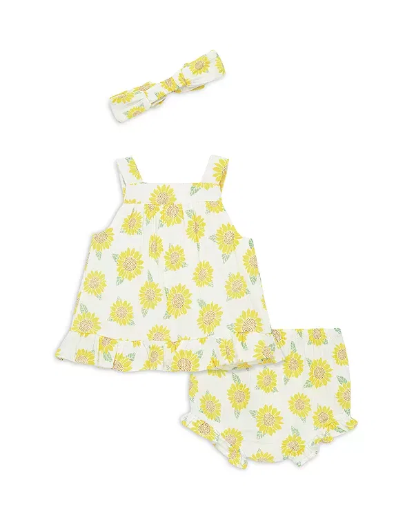 Детский комплект для девочек с принтом Sunflower Sunsuit & Headband Set Little Me, желтый — фото 3