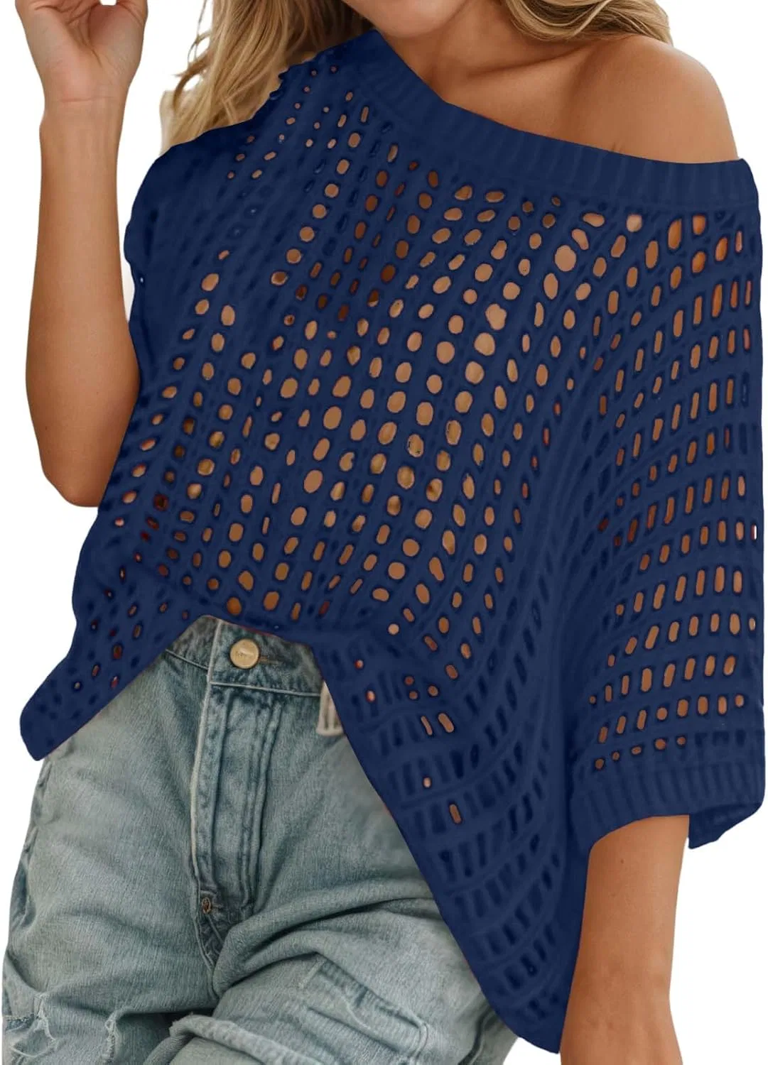 Женская вязаная футболка с сетчатыми рукавами, Navy Blue