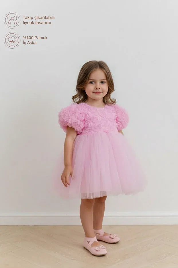Детское платье для девочек с принтом Girls Floral Tulle Princess Dress Furyatex, Pink