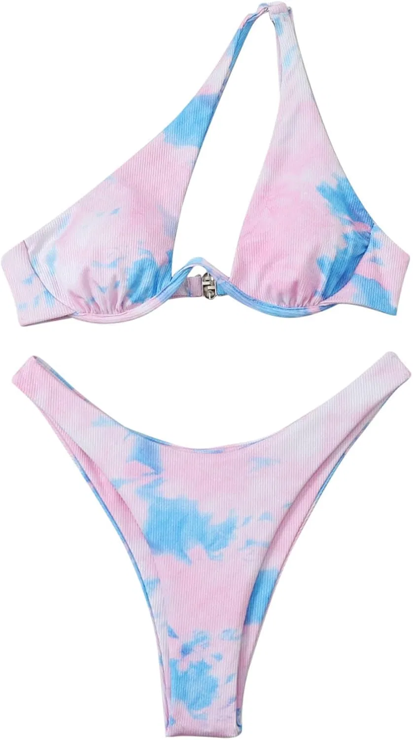 Женский бикини-сет с одним плечом, Tie Dye, Black/White