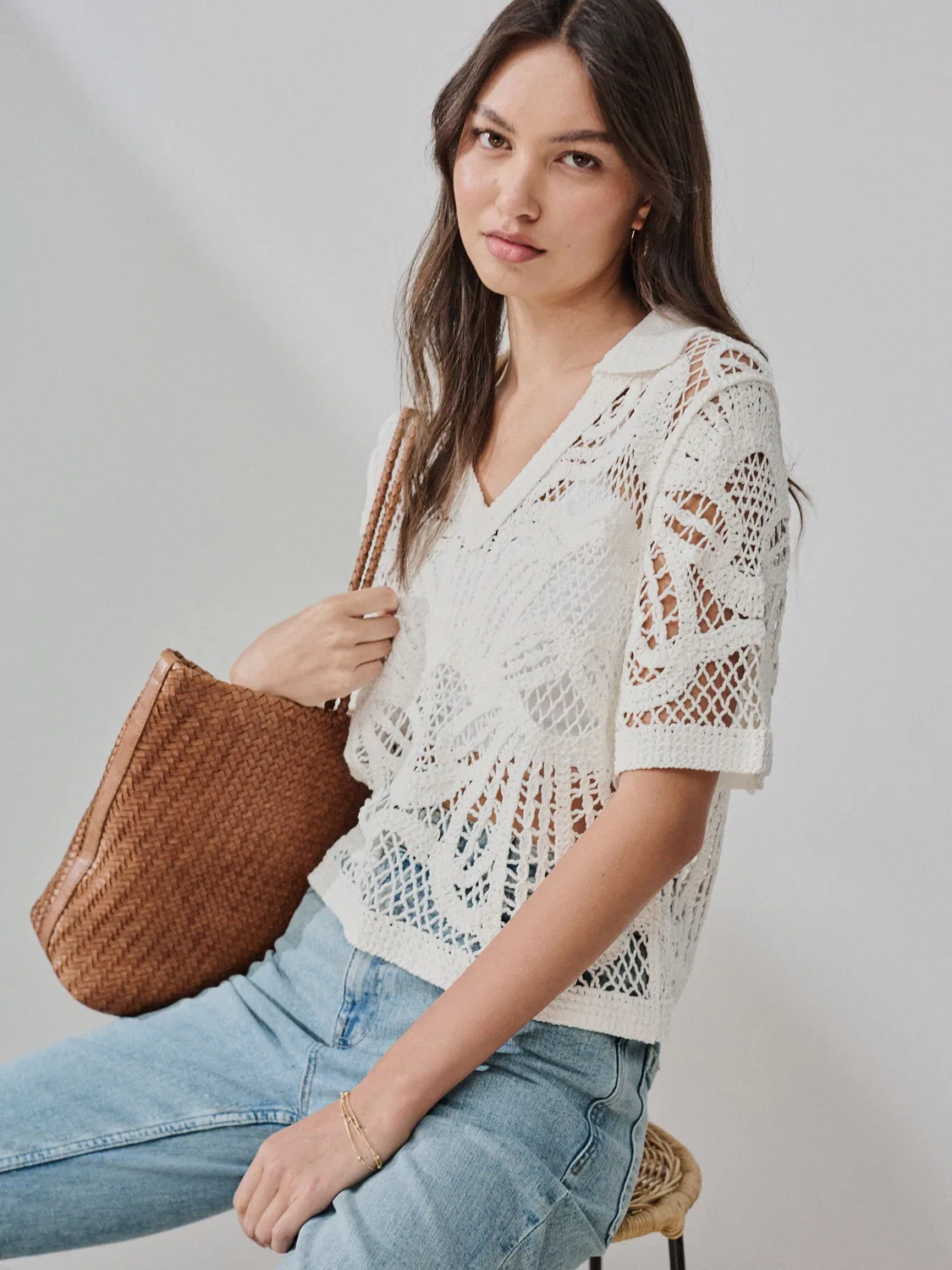 Полочная кофта с крючком, открытый воротник, модель Crochet Knit Open Neck Polo Top Next, цвет экрю
