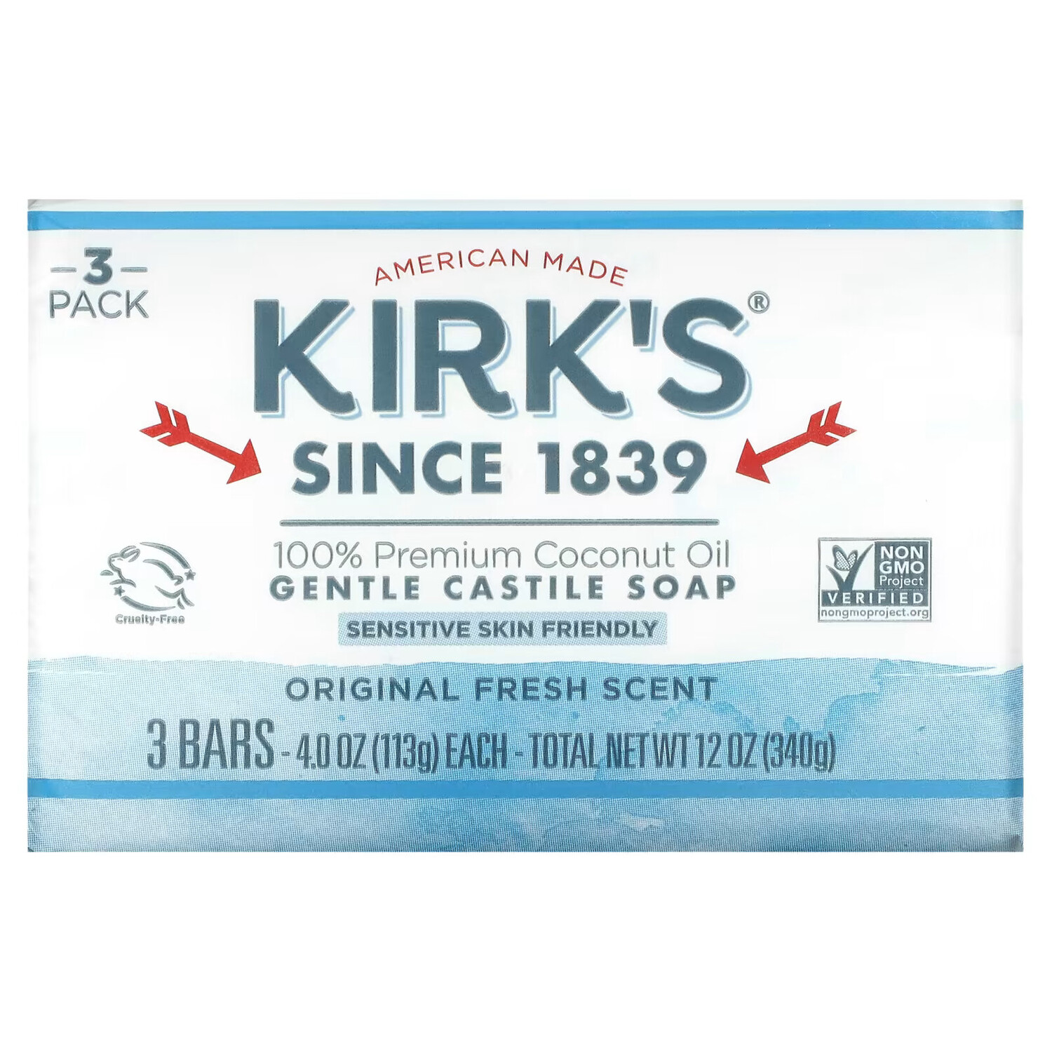 Kirk's, Нежное кастильское мыло с кокосовым маслом премиального качества, оригинальный свежий аромат, 3 шт. По 113 г (4 унции) — фото 2
