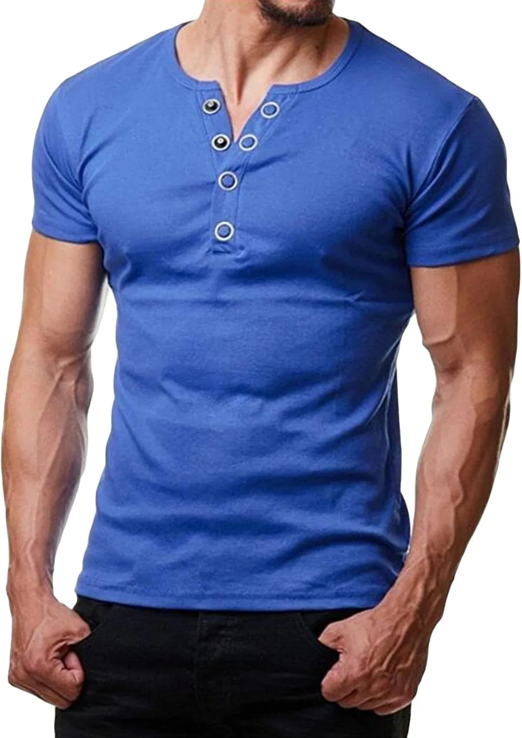 Мужская хлопковая футболка-поло Henley с коротким рукавом, Blue