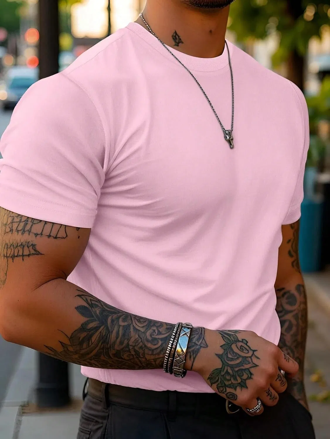 Мужская хлопковая футболка с круглым вырезом, Pink — фото 3