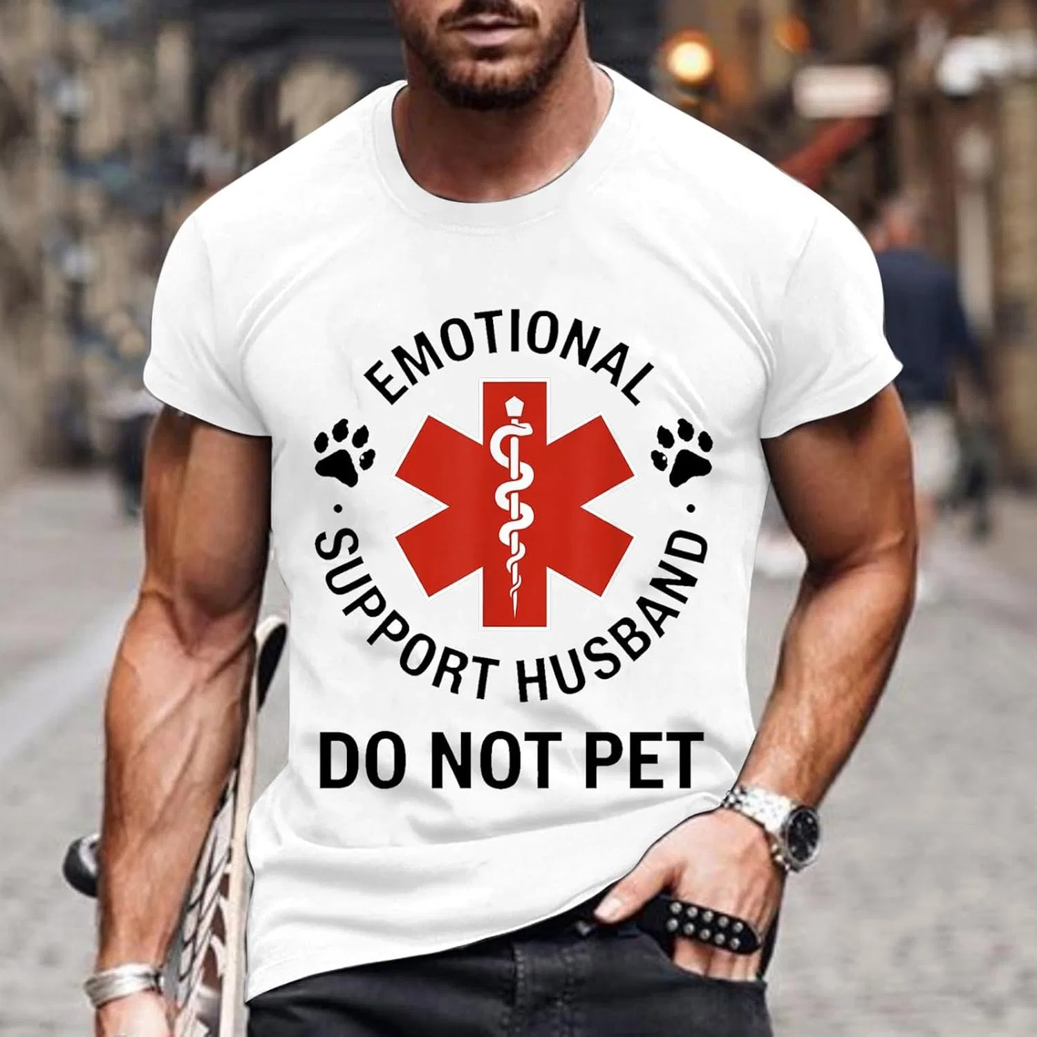 Мужская футболка оверсайз с принтом Do Not Pet Emotional Support Husband, White — фото 2