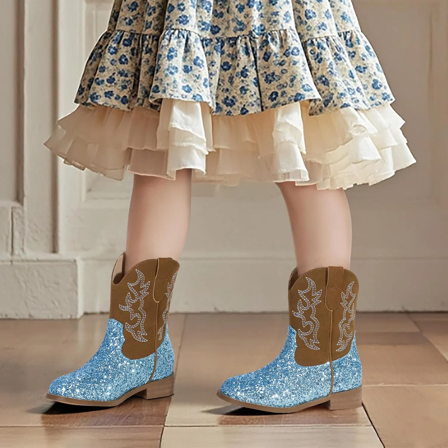 Детские сапоги для девочек с вышивкой Cowgirl Boots PANDANINJIA, Blue Sequin — фото 3