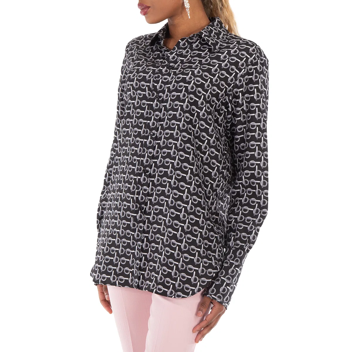 Шелковая рубашка с классическим воротником B Jacquard Burberry, Silver/Black — фото 2