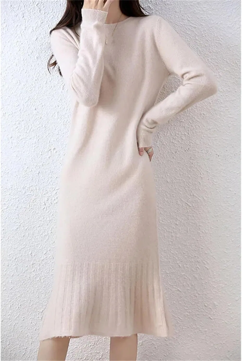 Женское платье-свитер с круглым вырезом из 100% шерсти, Beige — фото 3