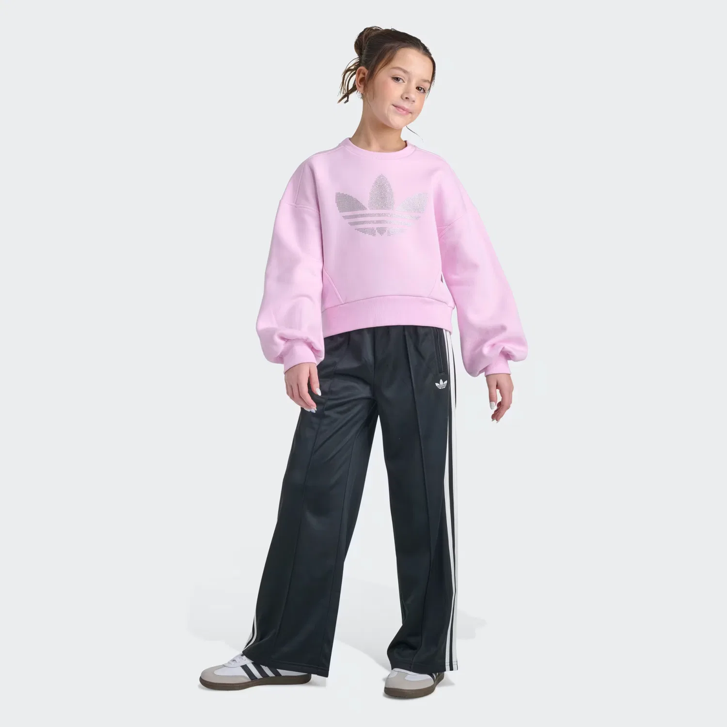 Детский флисовый пуловер с блестящим принтом Trefoil Adidas Originals, Orchid Fusion — фото 2
