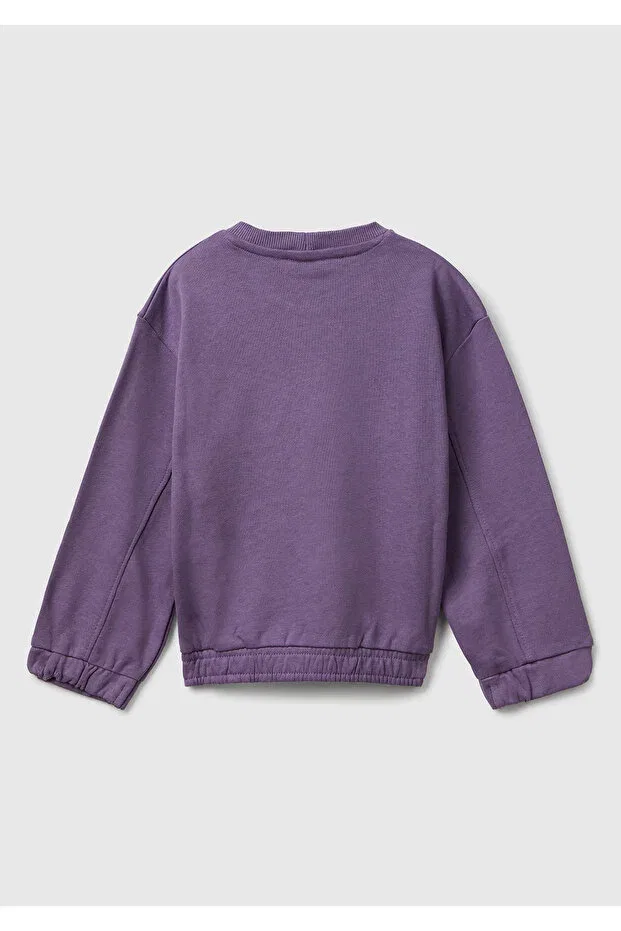Детское для девочек свитшот с принтом Girl'S purple stitch detailed heart patch pocket regular fit sweatshirt United Colors Of Benetton, Purple — фото 2