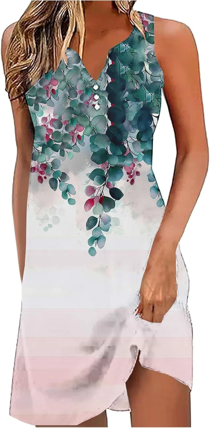 Женское сарафан с тропическим принтом, V-образный вырез, пуговицы, Bohemian Beach Casual Dress