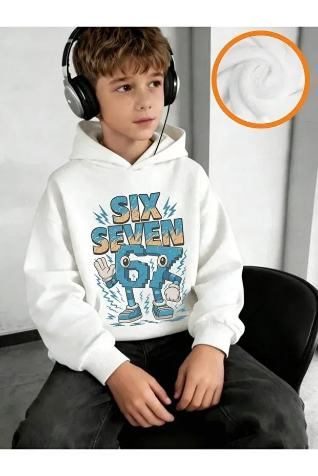 Детские свитшот для мальчиков с принтом Six Seven Printed Hooded Svart Wear, White