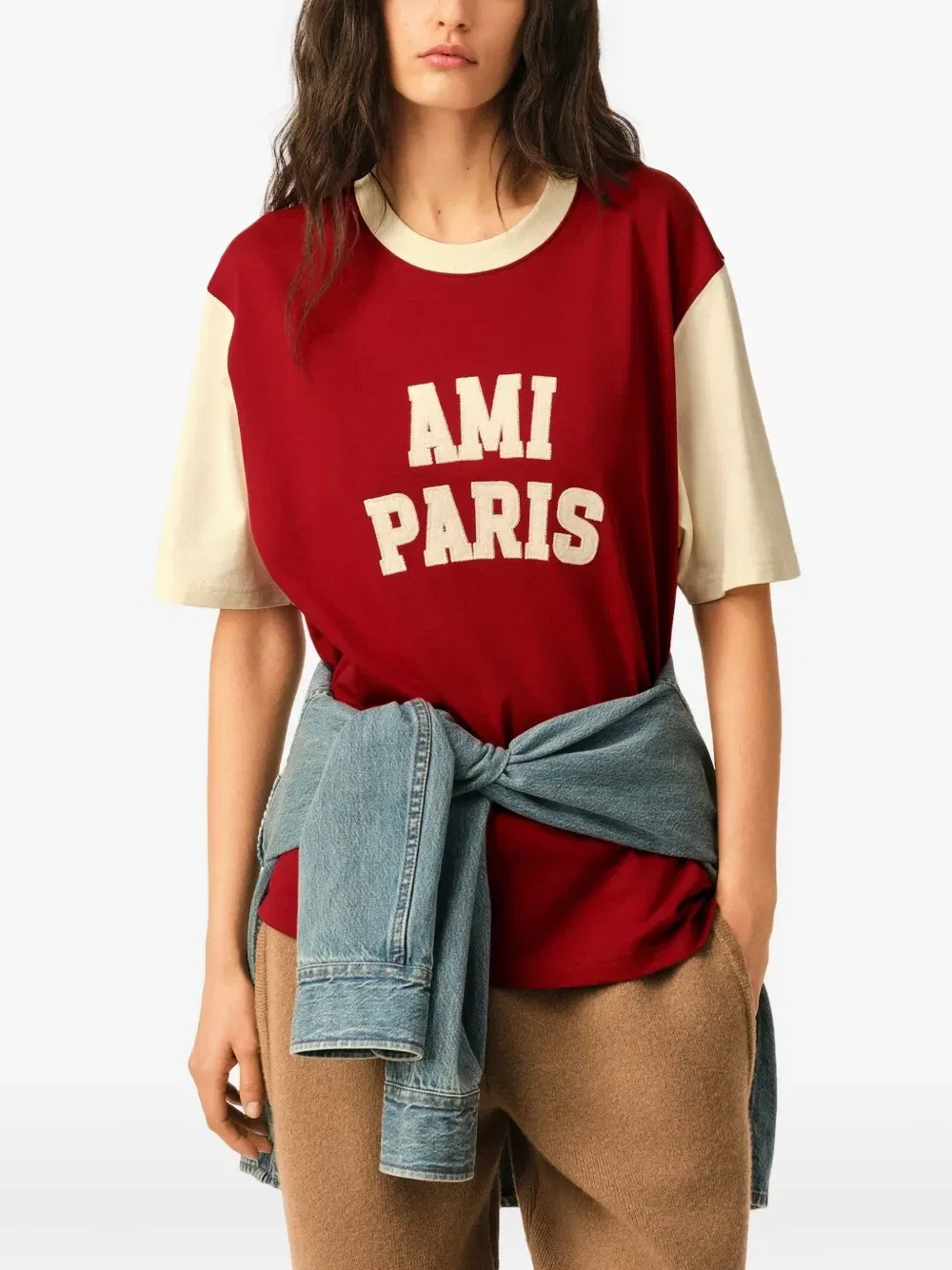 Хлопковая футболка с вышивкой Ami Paris, красный — фото 4