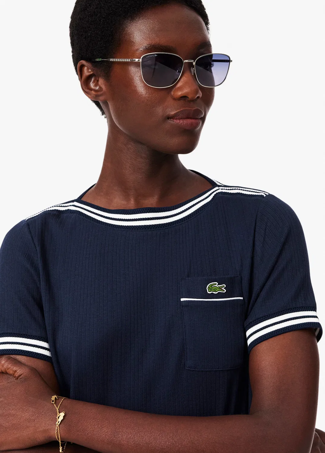 Футболка Lacoste Regular Fit Lacivert-525, полосатый воротник, синяя — фото 3