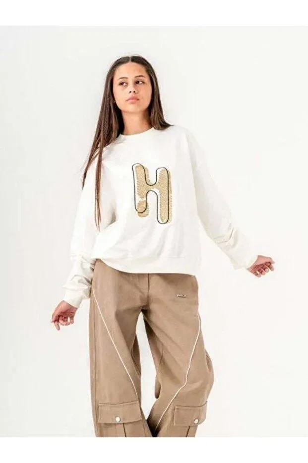 Детские свитшот для девочек с вышивкой Zekids, Ecru Khaki — фото 4