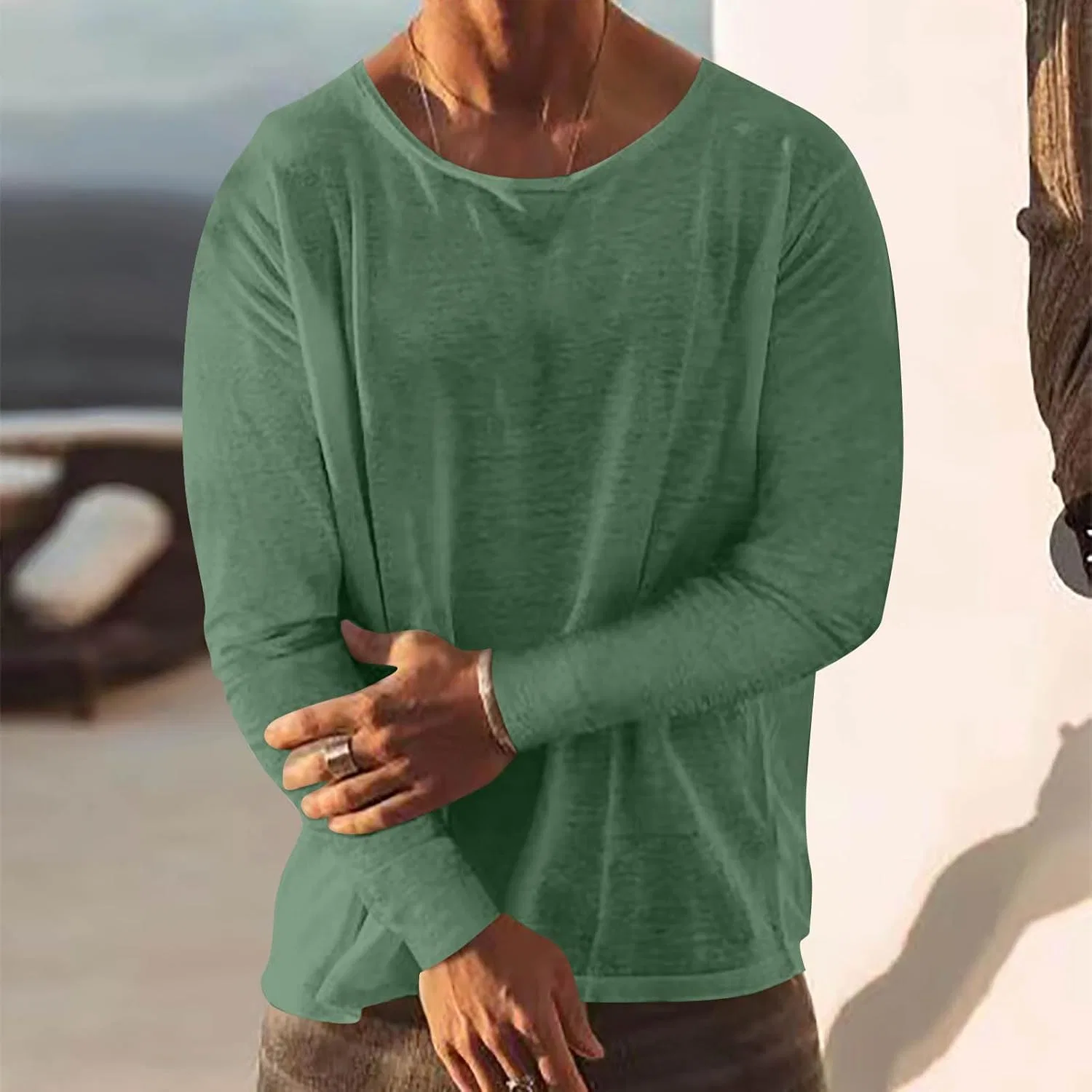 Мужская льняная футболка с длинным рукавом Crew Neck, Green — фото 2