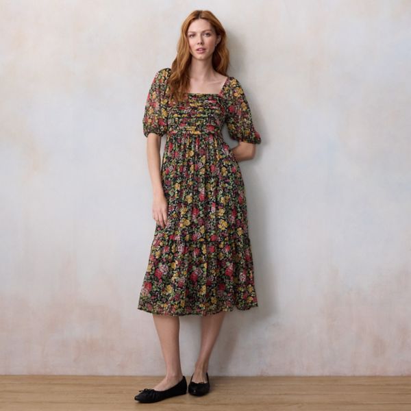 

Женское платье миди с квадратным вырезом и плиссированным лифом Lc Lauren Conrad, цвет navy georgie floral