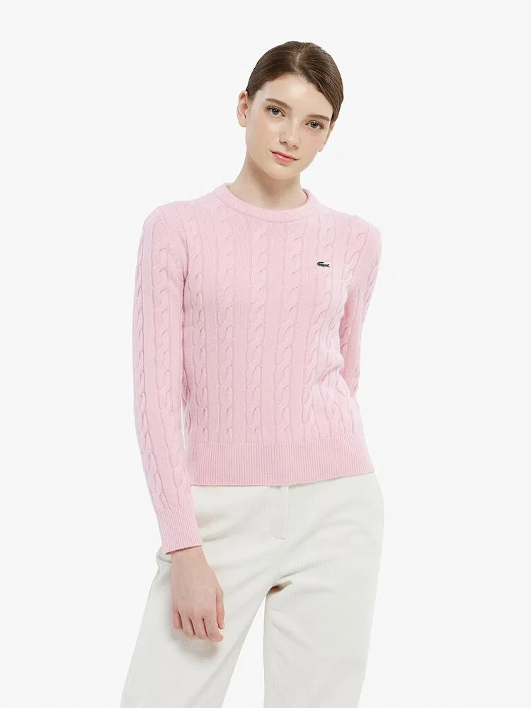 Свитер LACOSTE кабельный круглый вырез, Pink