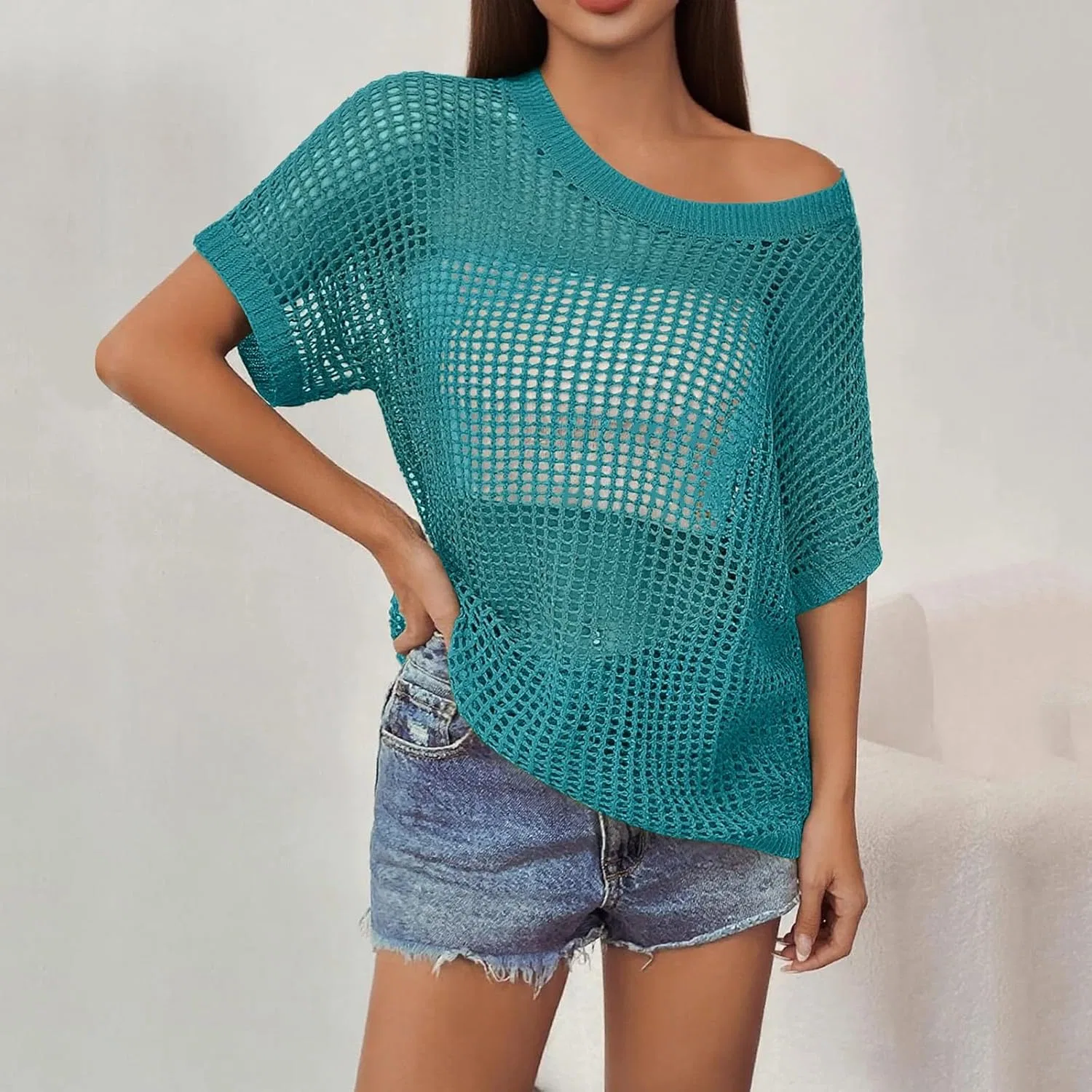 Длинный рукав с вырезами Crochet Hollow Out Cover Up, B012-turquoise — фото 4