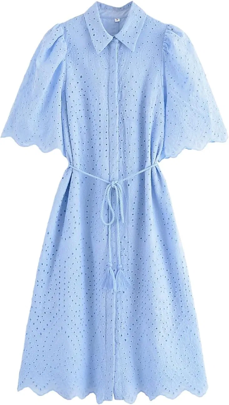 Женское платье миди с вышивкой и поясом Casual Elegant, Sky Blue