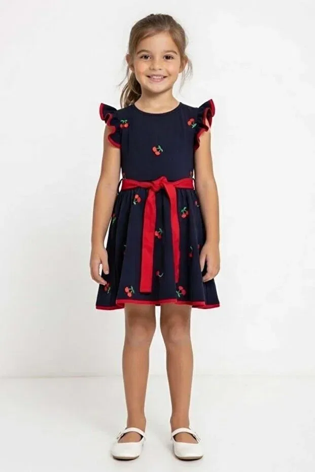 Детское платье для девочек хлопковое Cherry Print And Ruffle Sleeveless Waist Tie Navy Blue Dress Arydy, Navy Blue — фото 2