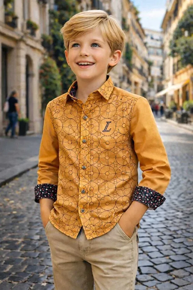 Детская рубашка для мальчиков с принтом Big Flower Printed Mustard Louis Kids, Hardal