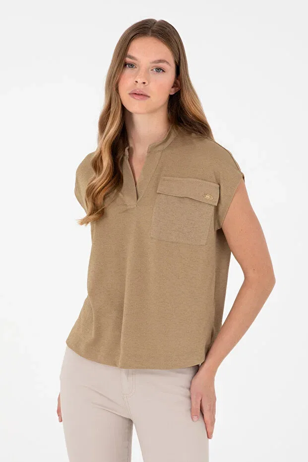 Женская блуза с воротником-мандарин и коротким рукавом U.S. Polo Assn., Khaki