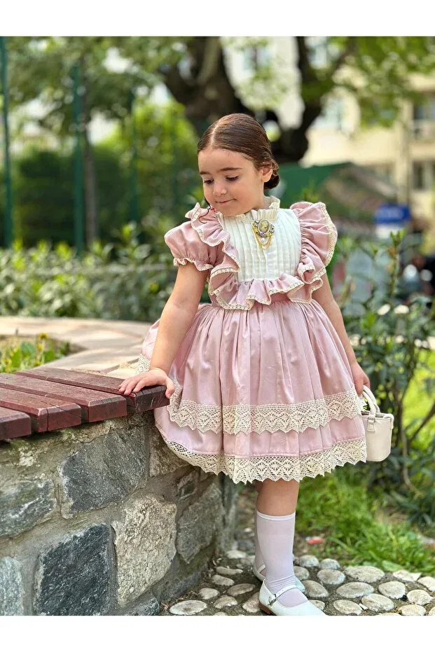 Детское платье для девочек кружевное Linarookids Masal baby girls' vintage dress, Pink — фото 2