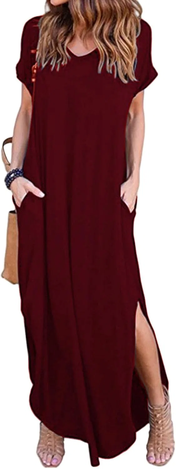 Женское летнее длинное платье-футболка с разрезом, Wine Red