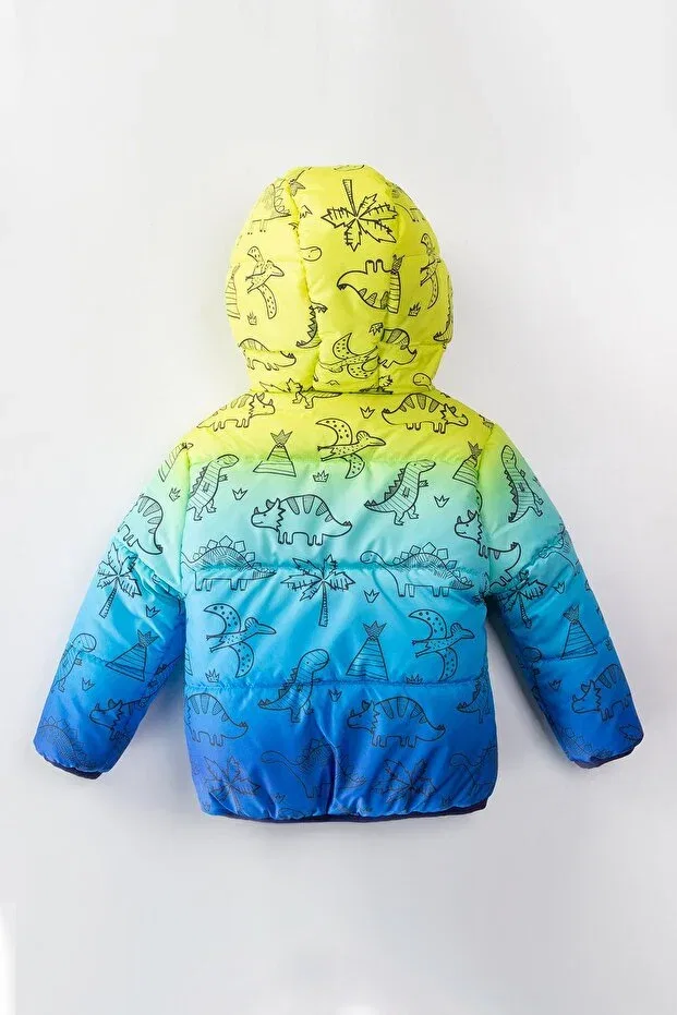 Детское пальто для мальчиков с принтом Dinosaur patterned boy's coat with hood and fleece inside - skinny fit Vitrinmixmini, Blue — фото 3
