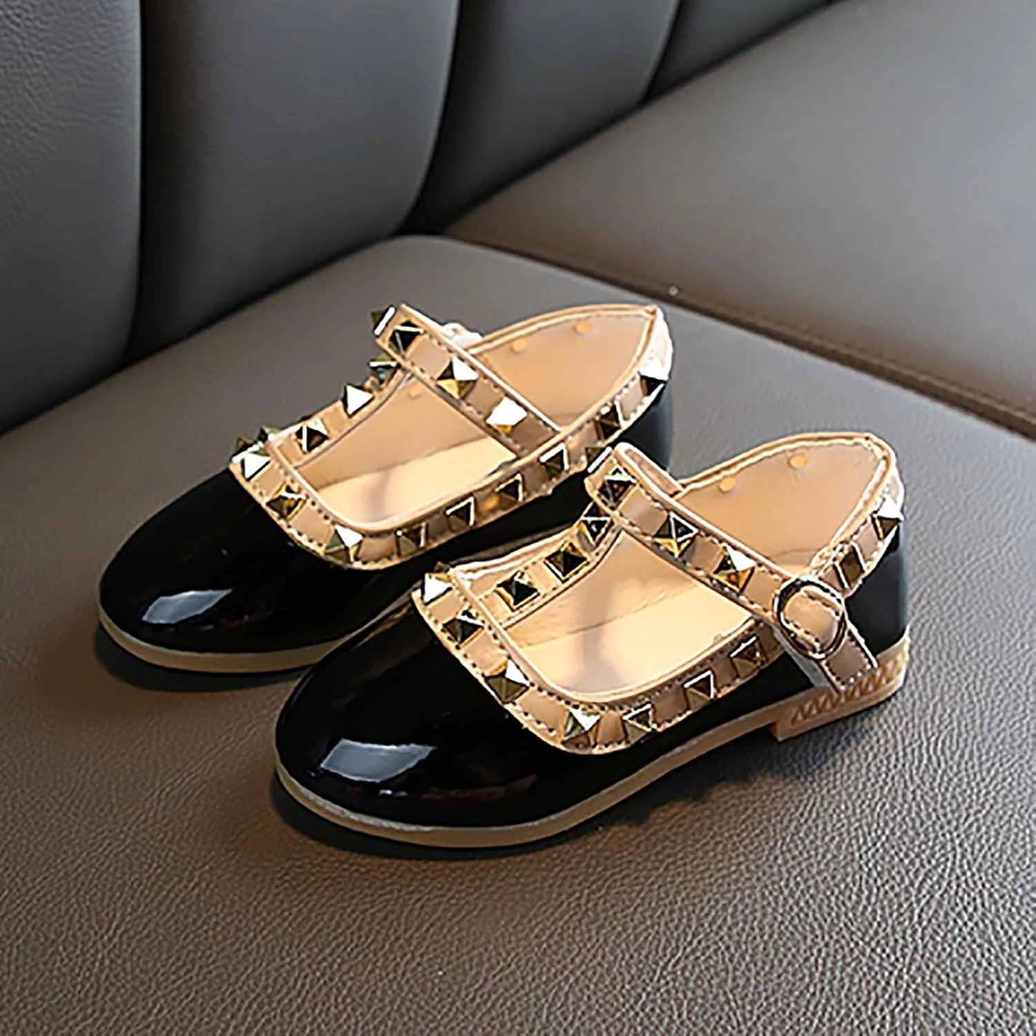 Детские туфли для девочек с блестками Mary Jane Flat Low Heel Princess Dress Shoes, Black — фото 3