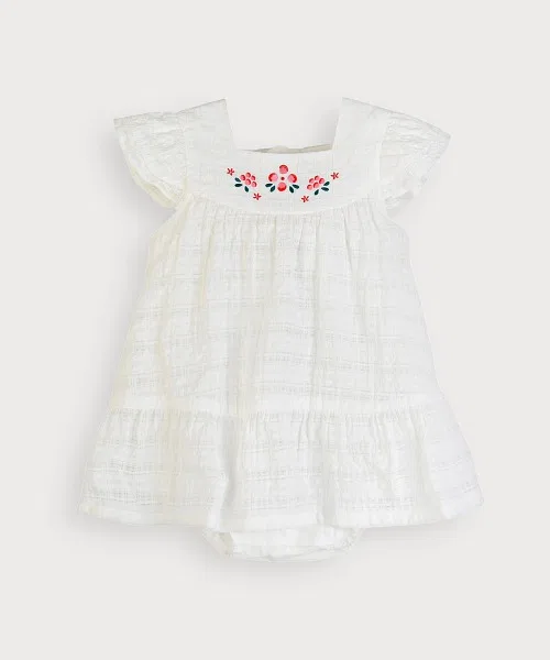 Детский комплект платья-боди с фриллами и шляпки, с вышивкой, модель Berry Frill, moimoln, White — фото 2