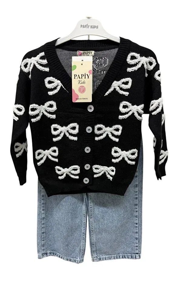 Детский комплект кардигана и джинсов с вышивкой бантом Papiy Kids, Black — фото 2