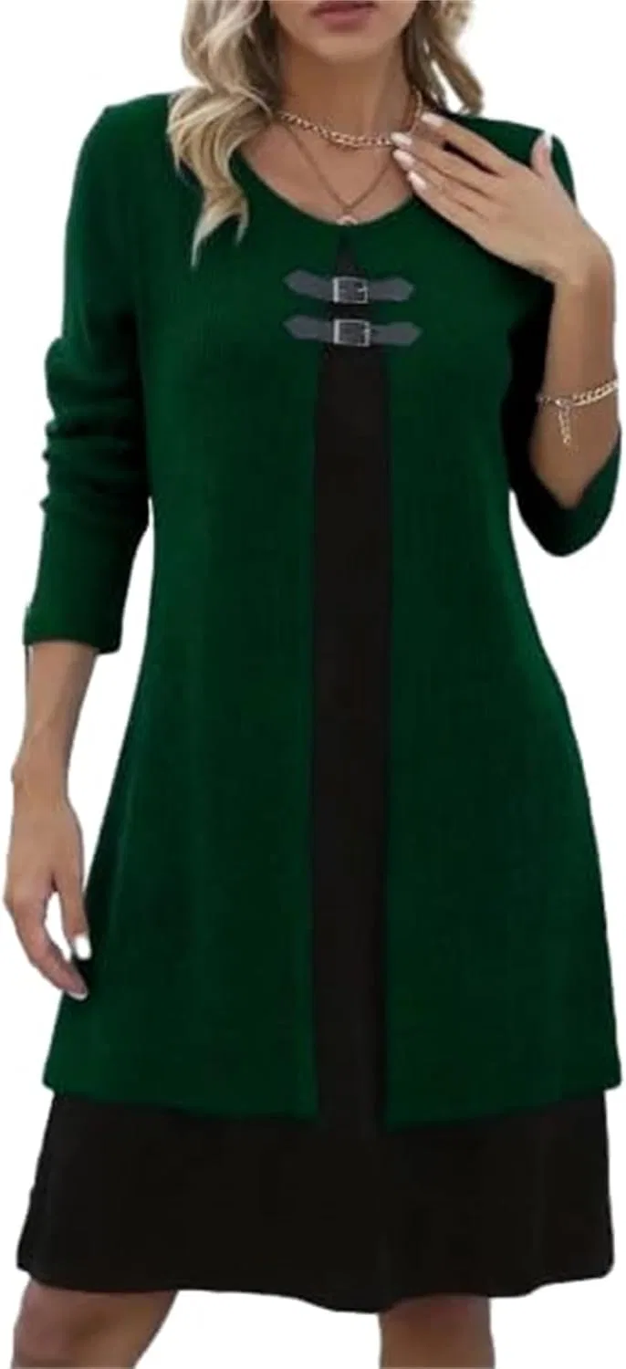 Женское платье с двойной пряжкой Ribbed Knit, Dark Green
