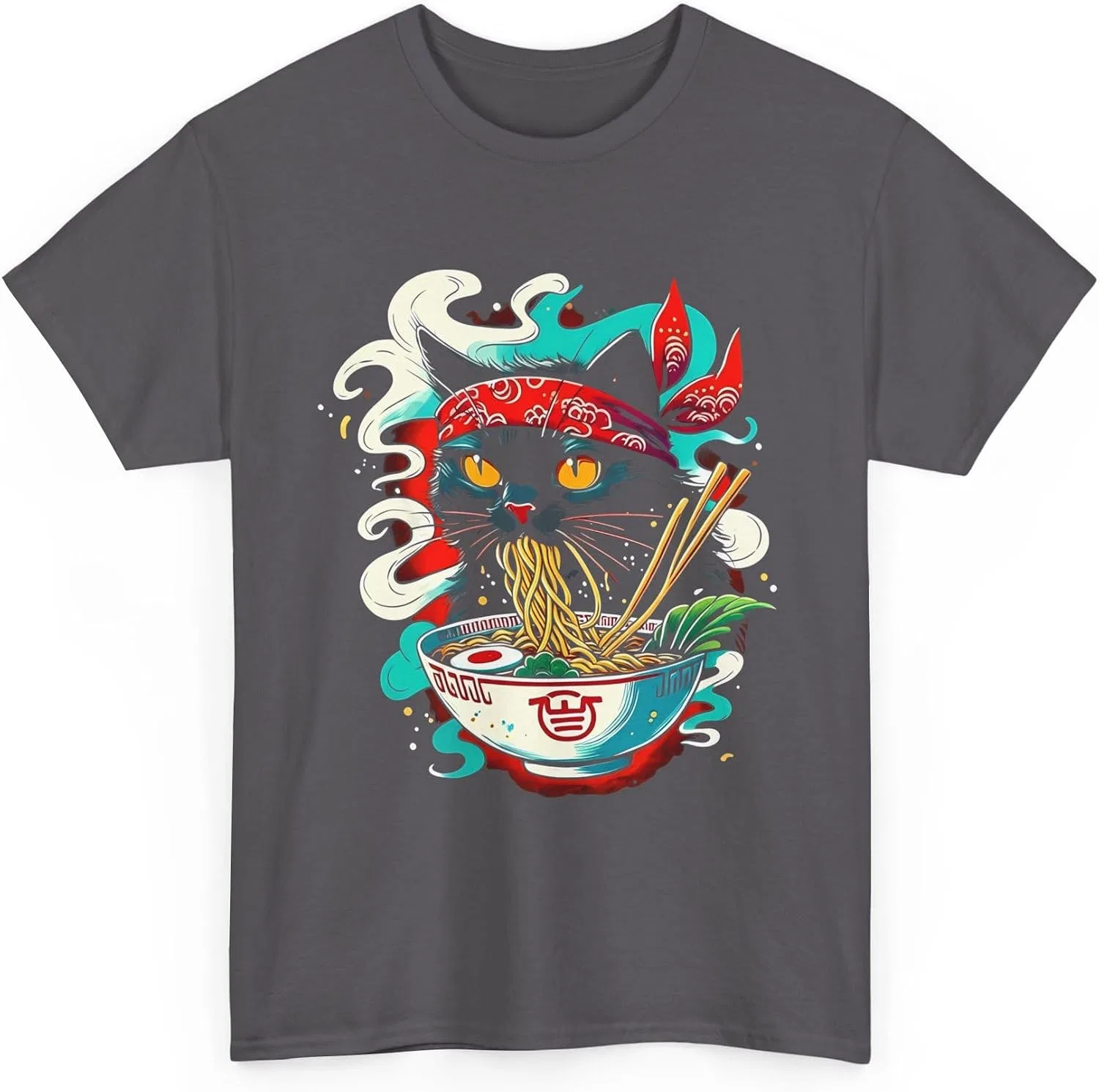 Женская футболка с принтом Ramen Cat, тёмно-серый