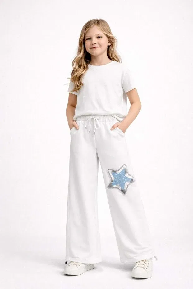 Детские спортивные штаны для девочек с принтом Wide Leg Sweatpants With Star Appliqué Lolliboomkids, White — фото 2