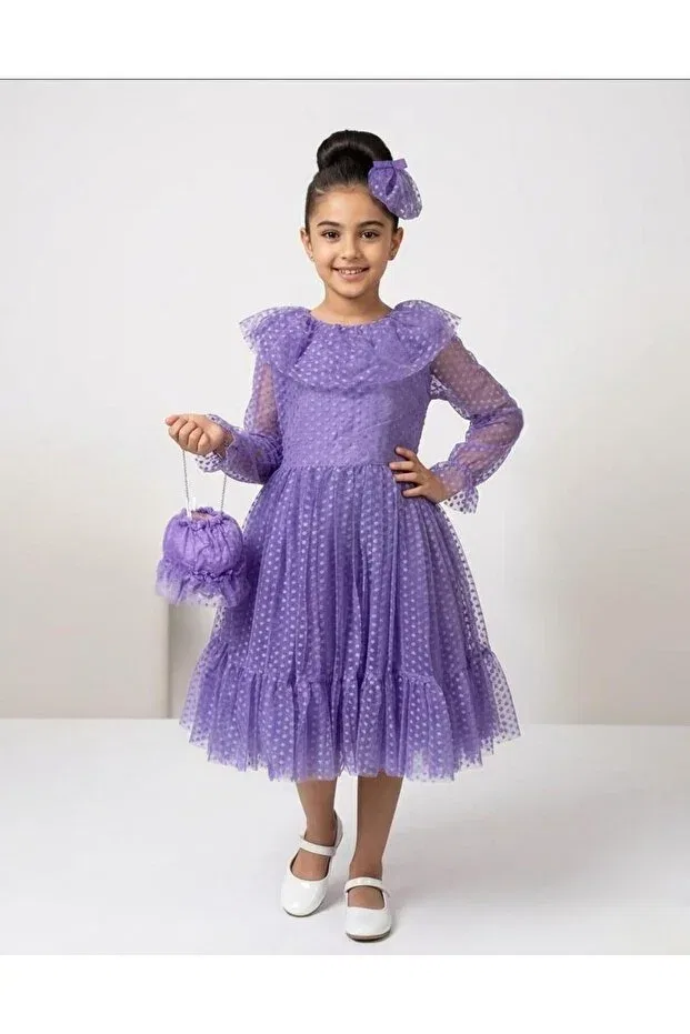 Детское платье для девочек с воланами с принтом в горошек Ruffled Front Small Polka Dot Tulle Layered Bag Buckle Girls' Dress Size Kids, Lila — фото 2