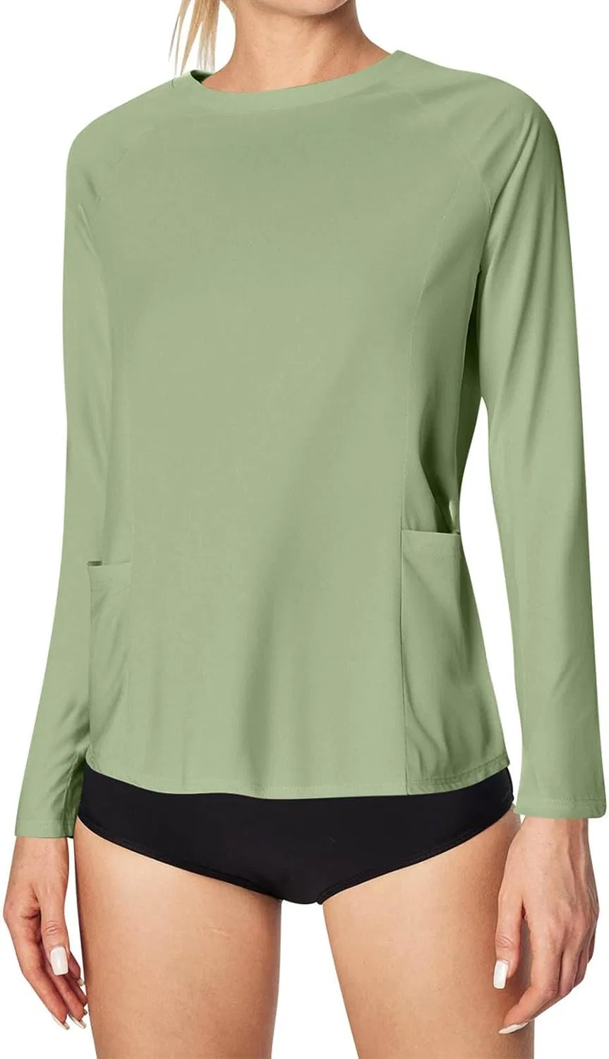 Женская рашгард с длинным рукавом UPF 50+ с карманами, Mint Green