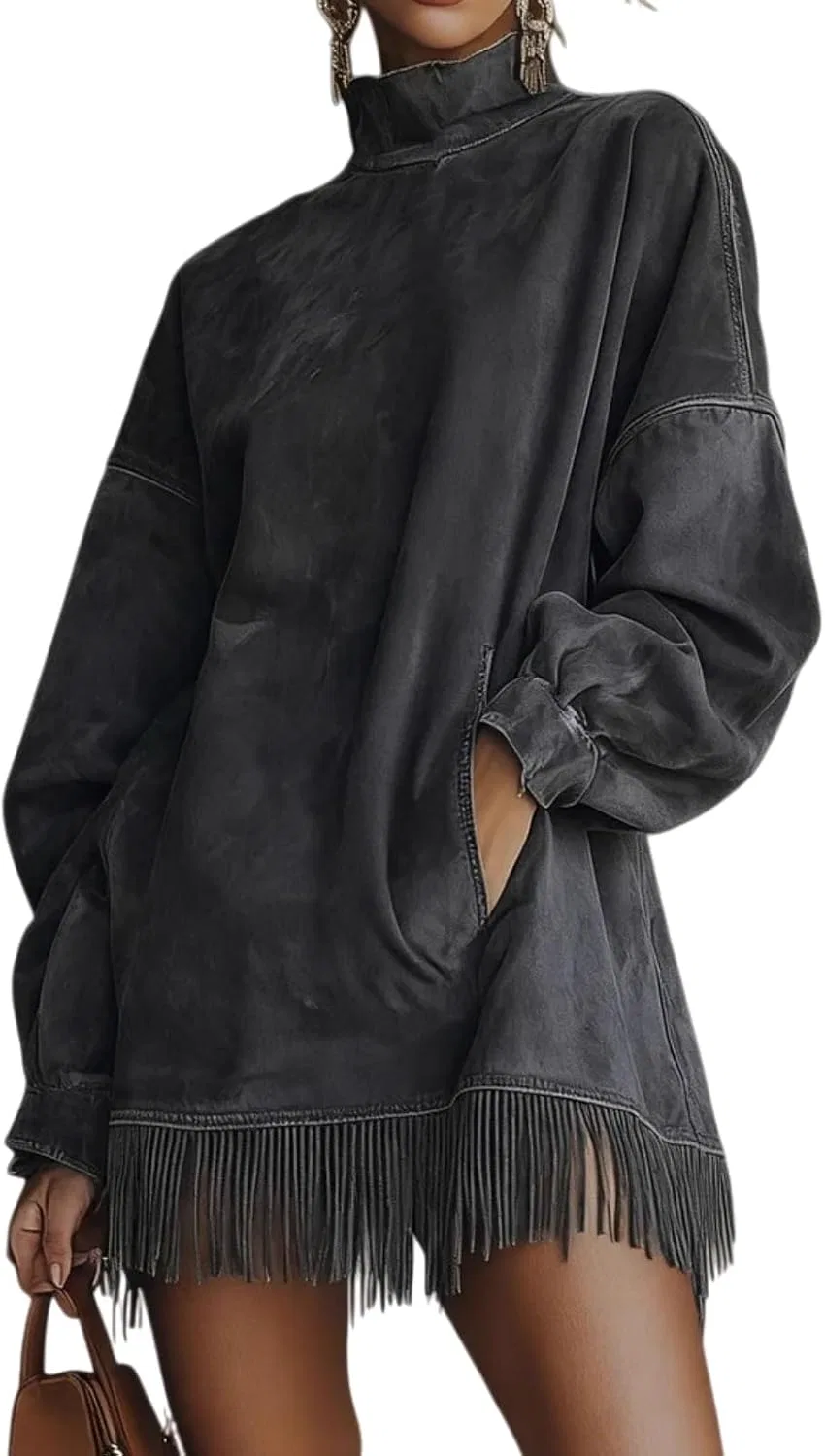 Женское платье из искусственной замши с бахромой, Vintage High-Neck Long Sleeve Loose Fit Short Pockets Holiday Party, чёрный