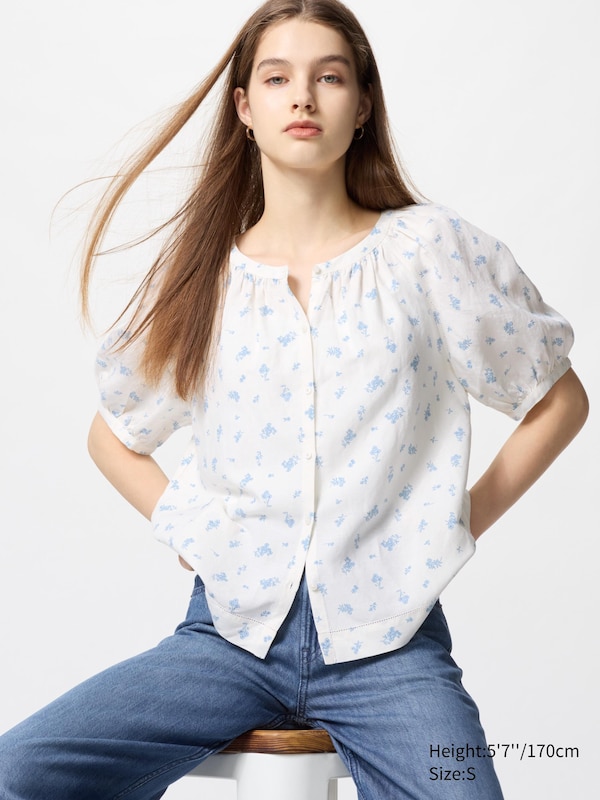 

Блузка из льняной смеси, объемная (короткий рукав, принт) Uniqlo, белый