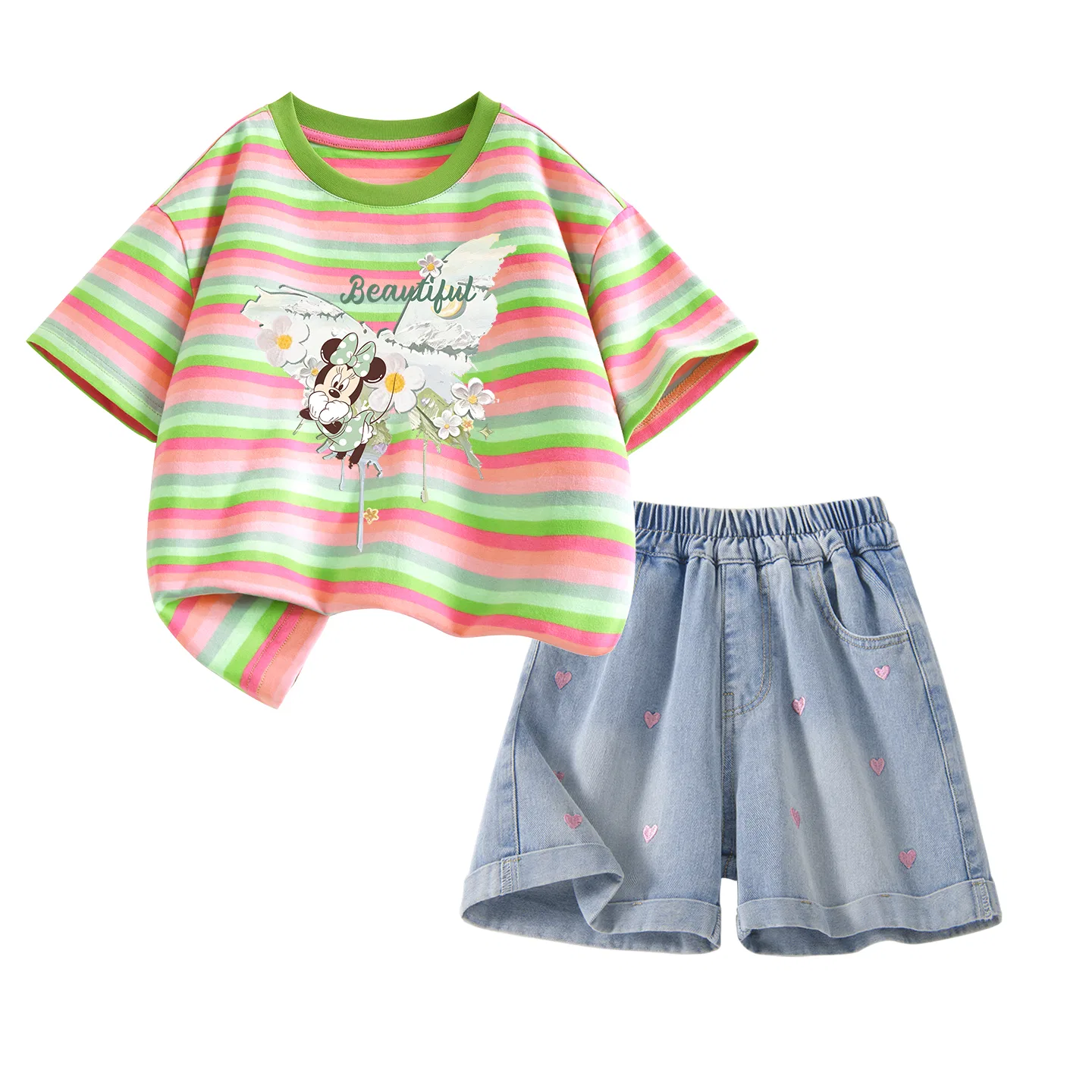 Детский спортивный костюм с круглым вырезом, дышащий, Disney, Daisy Sweet Heart Green + Solid Color Denim Blue