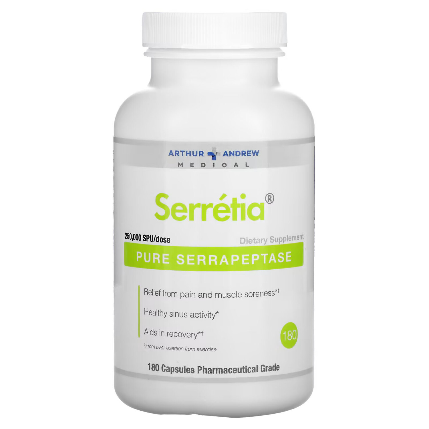 

Arthur Andrew Medical, Serretia, чистая серрапептаза, 500 мг, 180 капсул