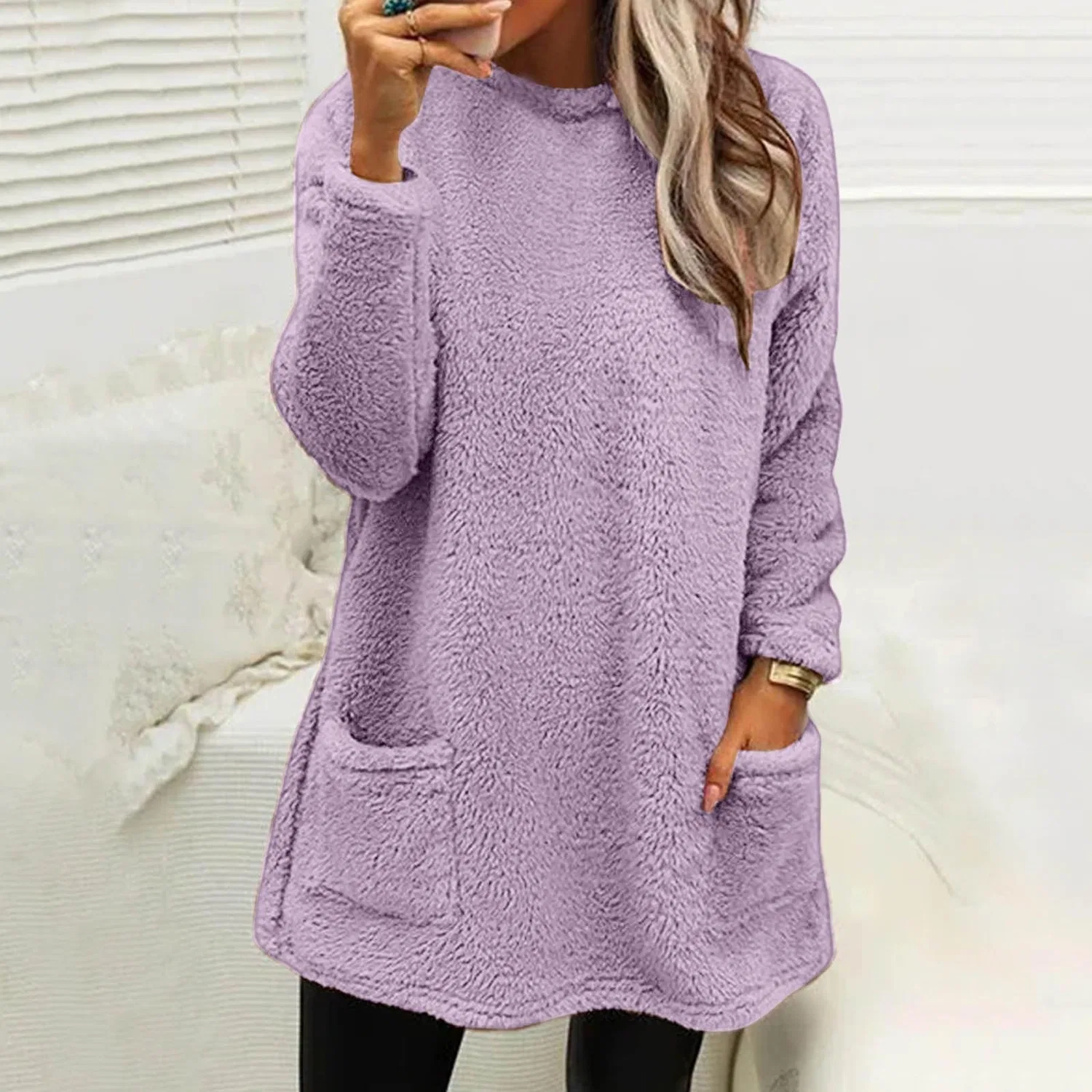Женское зимнее пальто в полоску с флисом, свободного кроя, Lilac — фото 2