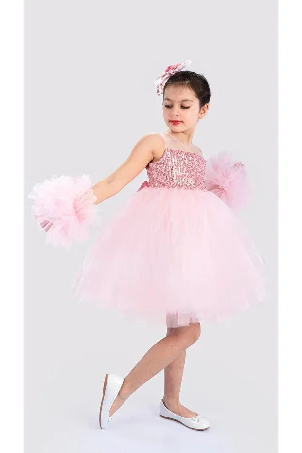 Детское платье для девочек с пайетками Pompom Buse&Eylül Bebe, Pink — фото 3